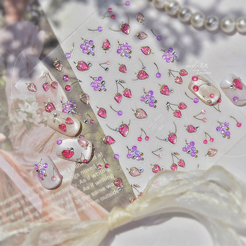 Silver Strawberry Nail Stickers, Strawberry Nail Decals, Cute Fruit Nail Stickers With Crystals, Grape Nail Stickers, MS978