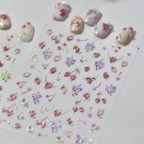 Silver Strawberry Nail Stickers, Strawberry Nail Decals, Cute Fruit Nail Stickers With Crystals, Grape Nail Stickers, MS978