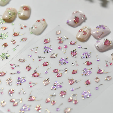 Silver Strawberry Nail Stickers, Strawberry Nail Decals, Cute Fruit Nail Stickers With Crystals, Grape Nail Stickers, MS978