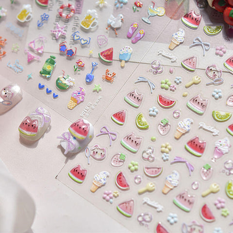 Cute Summer Nail Stickers, Watermelon Cat Nail Stickers, Fruit Nail Decals, Summer Nail Decals, Cute Manicure, to5099