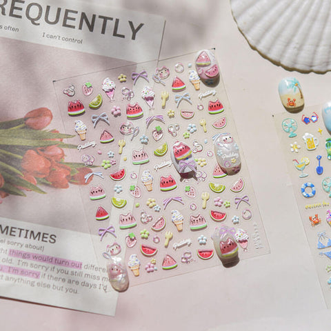 Cute Summer Nail Stickers, Watermelon Cat Nail Stickers, Fruit Nail Decals, Summer Nail Decals, Cute Manicure, to5099