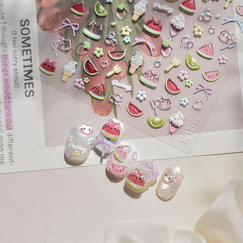 Cute Summer Nail Stickers, Watermelon Cat Nail Stickers, Fruit Nail Decals, Summer Nail Decals, Cute Manicure, to5099