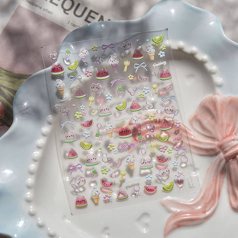 Cute Summer Nail Stickers, Watermelon Cat Nail Stickers, Fruit Nail Decals, Summer Nail Decals, Cute Manicure, to5099