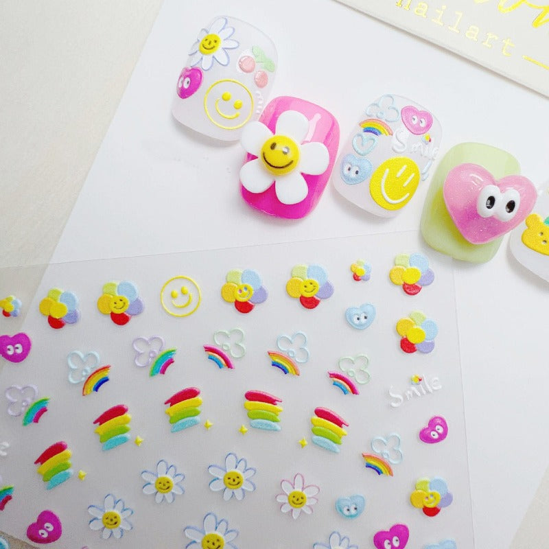 Sunflower And Rainbow Nail Stickers, Kawaii Flowr Nail Decals, Cute Nail Stickers, 5D Embossed, Flower Nail Art, DIY Nails - [Nail Stickers]