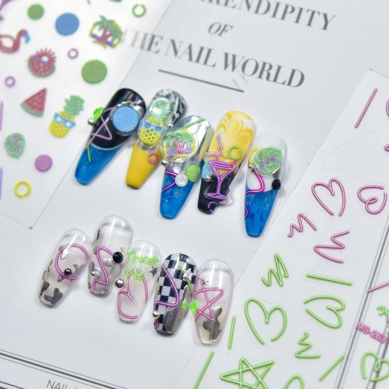 Summer Colorful Lines Nail Stickers, Nail Decals, Summer Nail Stickers, Nail Decal Art, Fruit Nail Stickers, DIY Nails - [Nail Stickers]