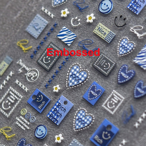 embossed blue heart nail stickers