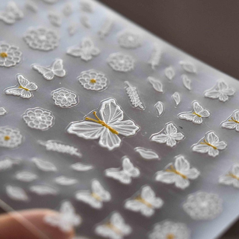 embossed white buttefly nail stickers