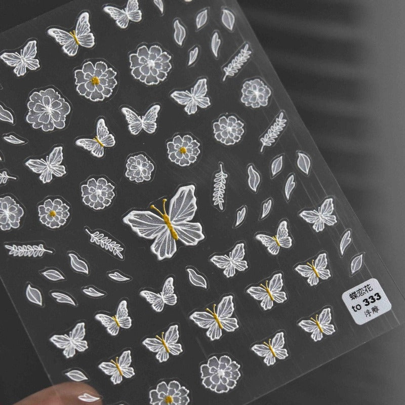 white butterfly and flower nail decal
