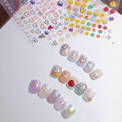 Smiling Face Nail Stickers, Heart Nail Art Decal, Cute Nail Stickers, Kawaii Nail Stickers, 5D Embossed, DIY Nails - Miss Fairy Nails