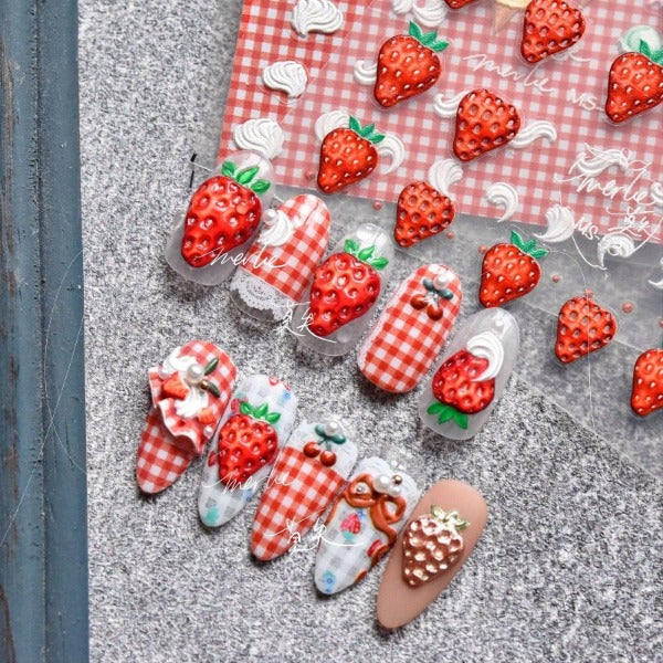 Strawberry Nail Stickers, Nail Decal Art, Strawberry Nail Decals, Cute Nail Stickers, Kawaii Nail Stickers, 5D Embossed - Miss Fairy Nails