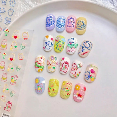 Kawaii Nail Stickers, Nail Decals, Cute Nail Stickers, Rabbit Nail Decal, Bear Nail Decals, 5D Embossed Nails, Nail Art Decal - Miss Fairy Nails