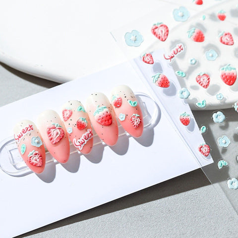 Strawberry Nail Stickers, Kawaii Nail Decals, Cute Nail Art, 5D Embossed, DIY Nails - Miss Fairy Nails
