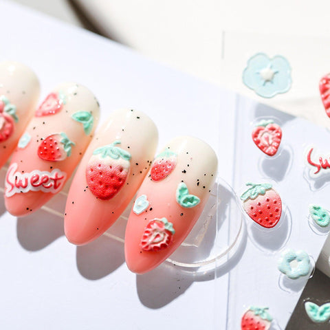 Strawberry Nail Stickers, Kawaii Nail Decals, Cute Nail Art, 5D Embossed, DIY Nails - Miss Fairy Nails