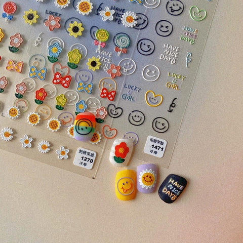 Flower Smiling Face Nails, Flower Nail Stickers, Smiling Face Nail Decal, Nail Decal Art, DIY Nails, 5D Nails - Miss Fairy Nails