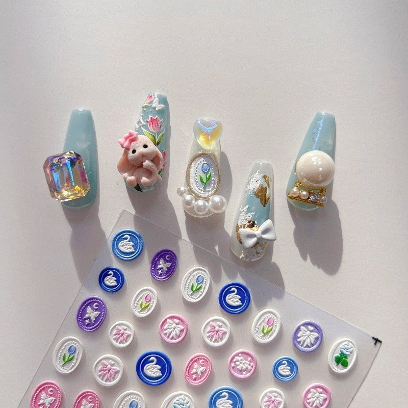 Stamp Nail Stickers,Nail Decal Art, Flower Stamp, 5D Nail Stickers, Embossed Nail Decals, DIY Nails - Miss Fairy Nails