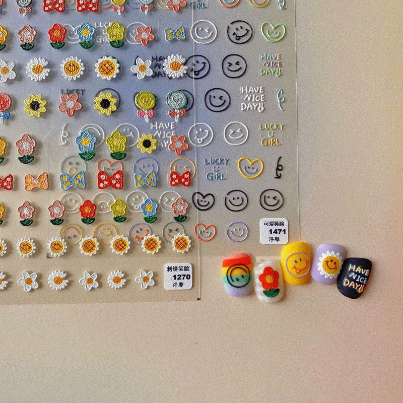 Flower Smiling Face Nails, Flower Nail Stickers, Smiling Face Nail Decal, Nail Decal Art, DIY Nails, 5D Nails - Miss Fairy Nails