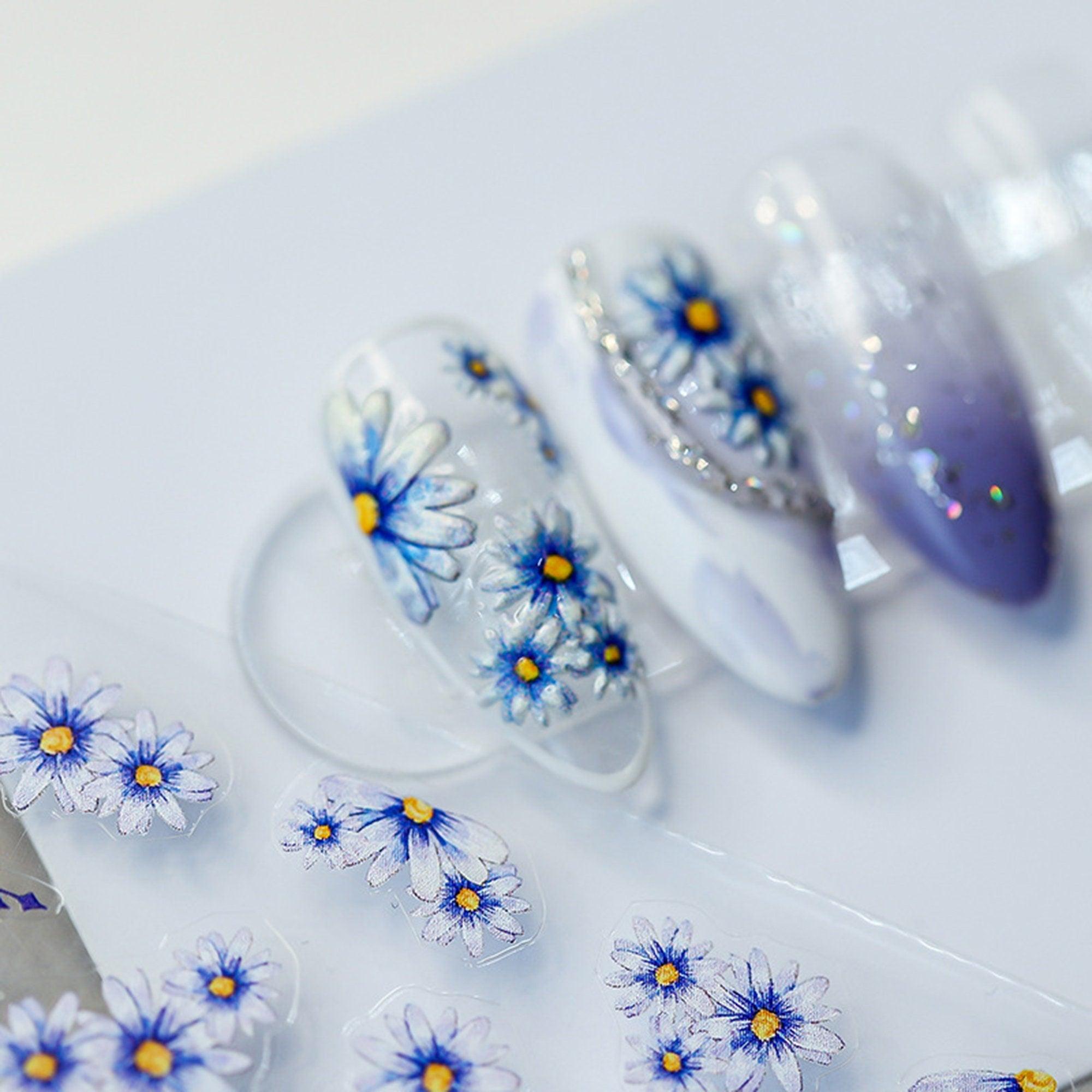 Flower Nail Decals, Dainty Flower Nail Stickers, Blue Flower Nail Stickers, 3D Nails, 5D Nails, DIY Nails - Miss Fairy Nails