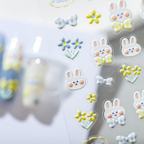 Rabbit Nail Sticker, Kawaii Nail Decals, Bowknot Rabbit, Cute Nail Sticker, Flower And Rabbit, DIY Nails, 3D Nails, 5D Nails - Miss Fairy Nails