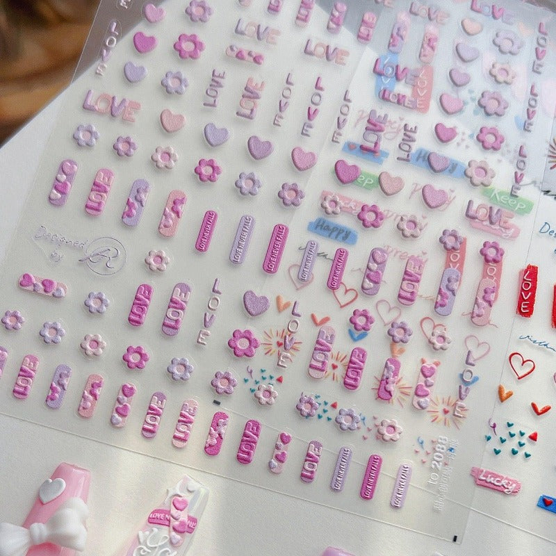 Pink Heart Nail Stickers, Love Letters Nail Stickers, Pink Nail Decal, Cute Nails, DIY Nails, 5D Embossed, Nail Designer Art - Miss Fairy Nails
