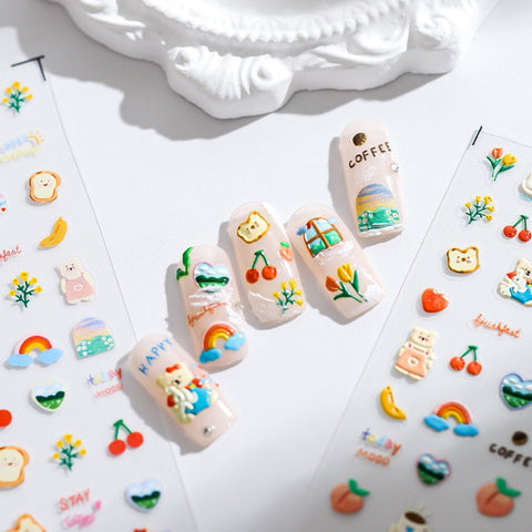 Kawaii Nail Stickers, Kawaii Nail Decals, Happy Garden Nails, Bear Nail Stickers, Nail Decal Art, DIY Nails - Miss Fairy Nails
