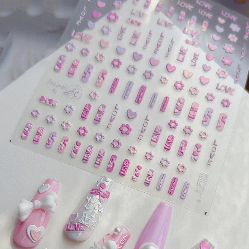 Pink Heart Nail Stickers, Love Letters Nail Stickers, Pink Nail Decal, Cute Nails, DIY Nails, 5D Embossed, Nail Designer Art - Miss Fairy Nails