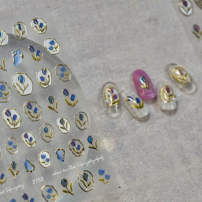 Gold Frame Flower Nail Stickers, Flower Nail Decals, Tulip Nail Stickers, Flower Nail Art, Nail Designs, DIY Nails - Miss Fairy Nails
